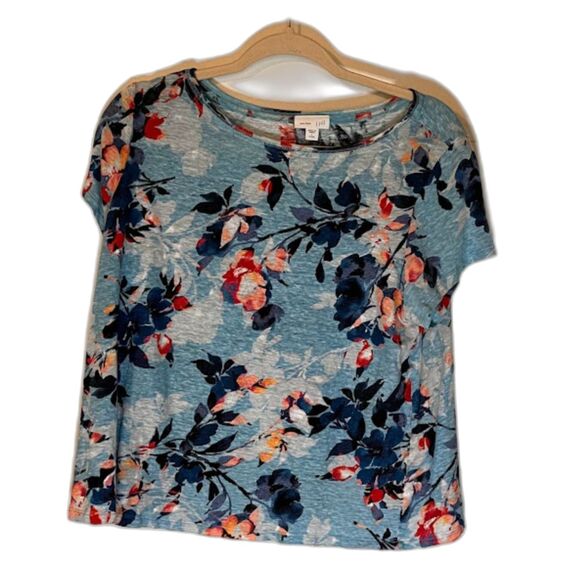 J Jill Love Linen Top L Petite Blue Floral Cap Sleeve Tropicalcore Casual Resort - Picture 2 of 5